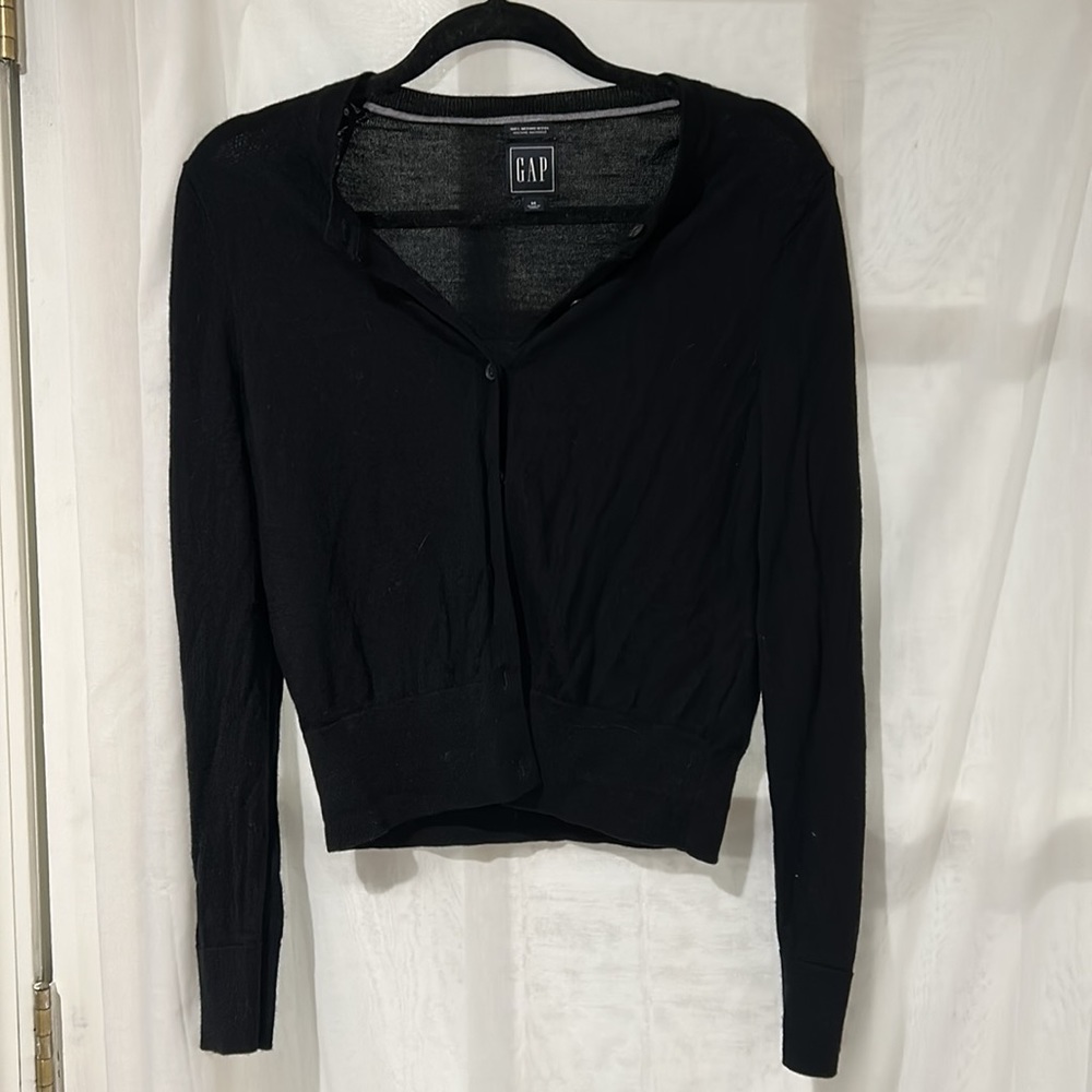 Gap Extra Fine MERINO WOOL Button Front Cardigan Black Pockets Size M